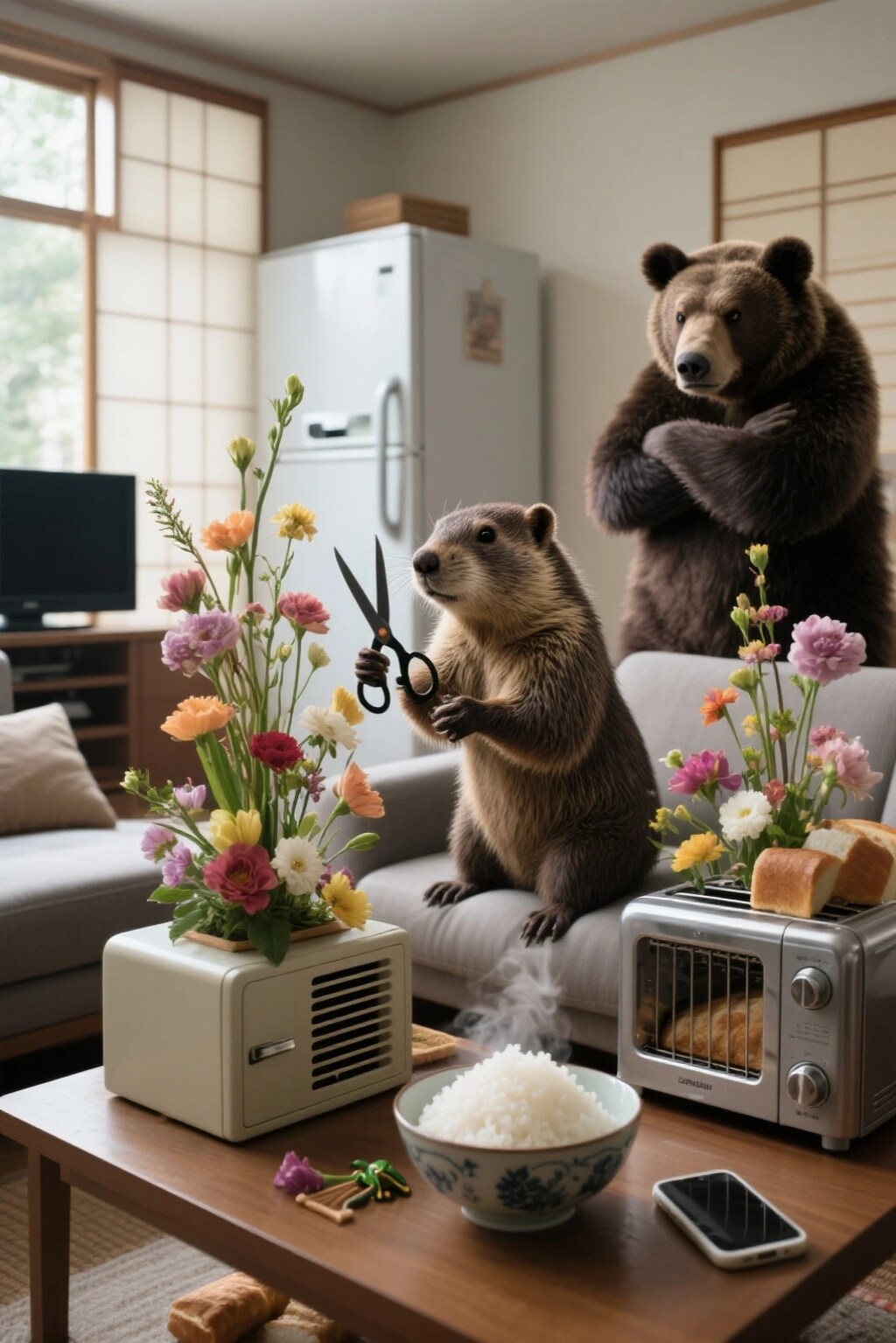 生け花するマーモットと羆師匠