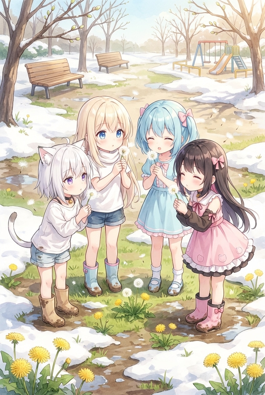 みんなで公園でタンポポふーふー🌼 | の人気AIイラスト・グラビア