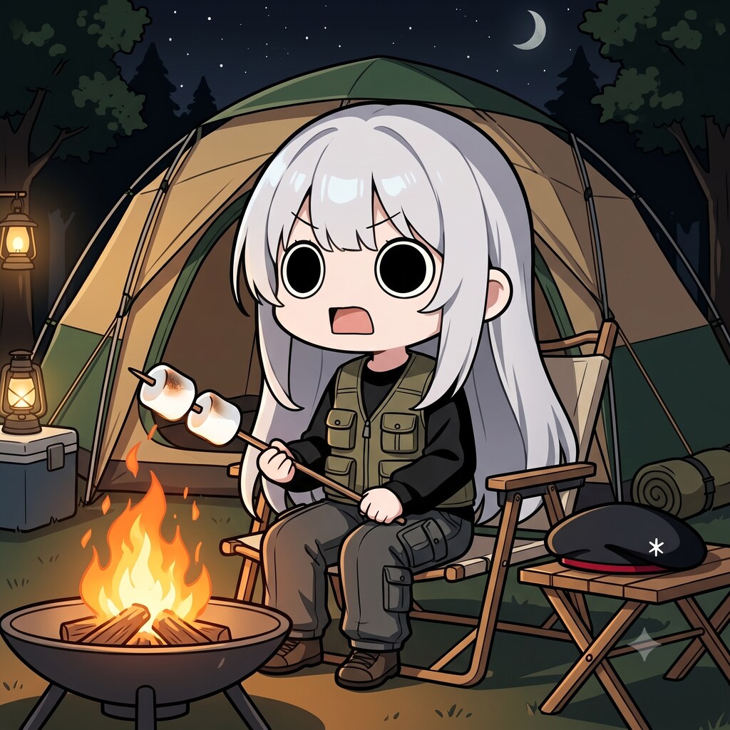 キャンプでマシュマロを焼くえらいこっちゃ嬢
