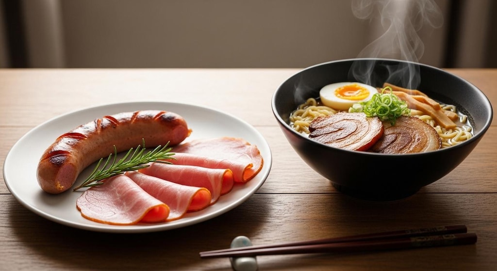 摩訶不思議食堂のラーメンとハムとソーセージのセット