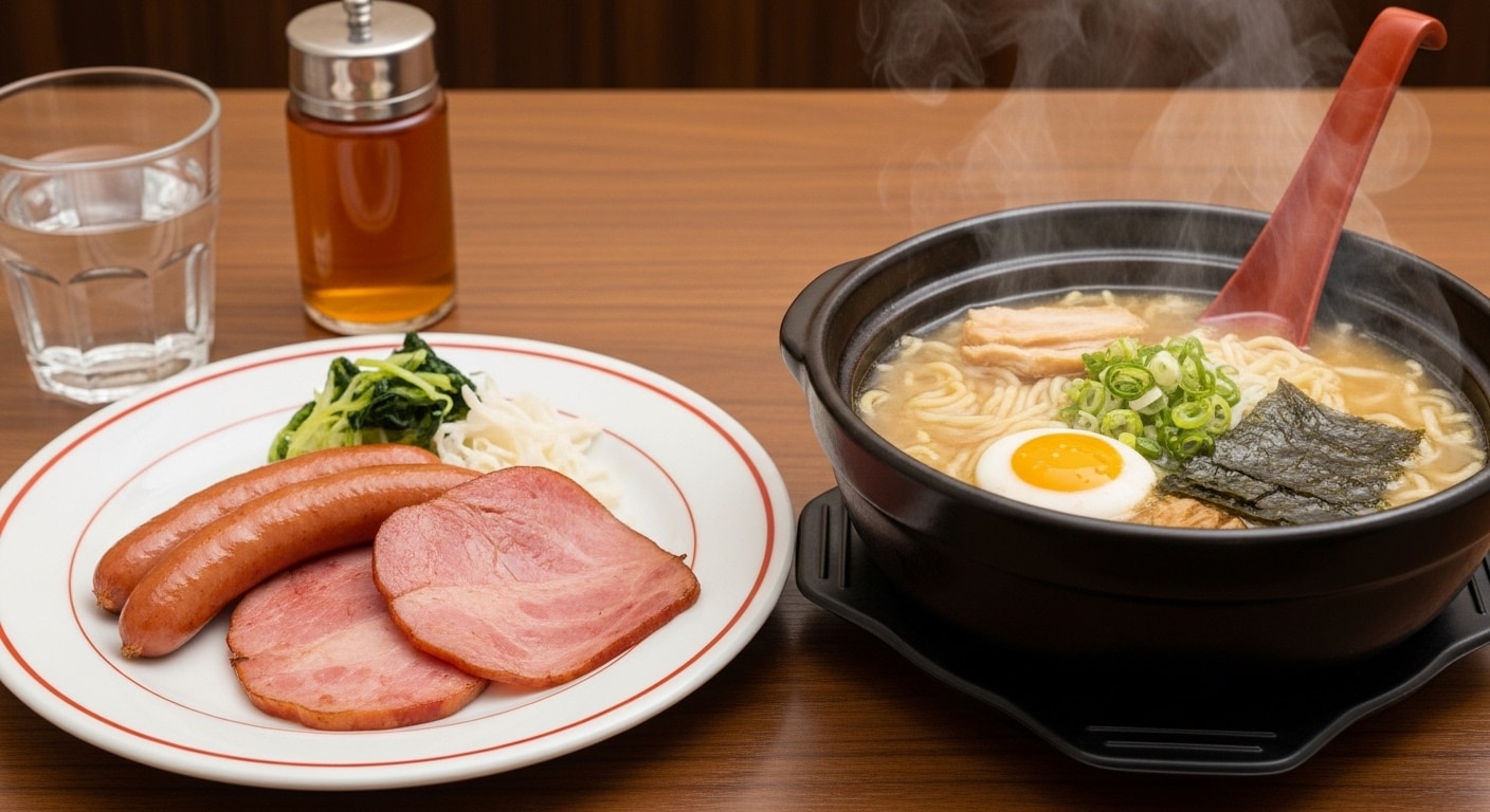 摩訶不思議食堂のラーメンとハムとソーセージのセット | の人気AIイラスト・グラビア