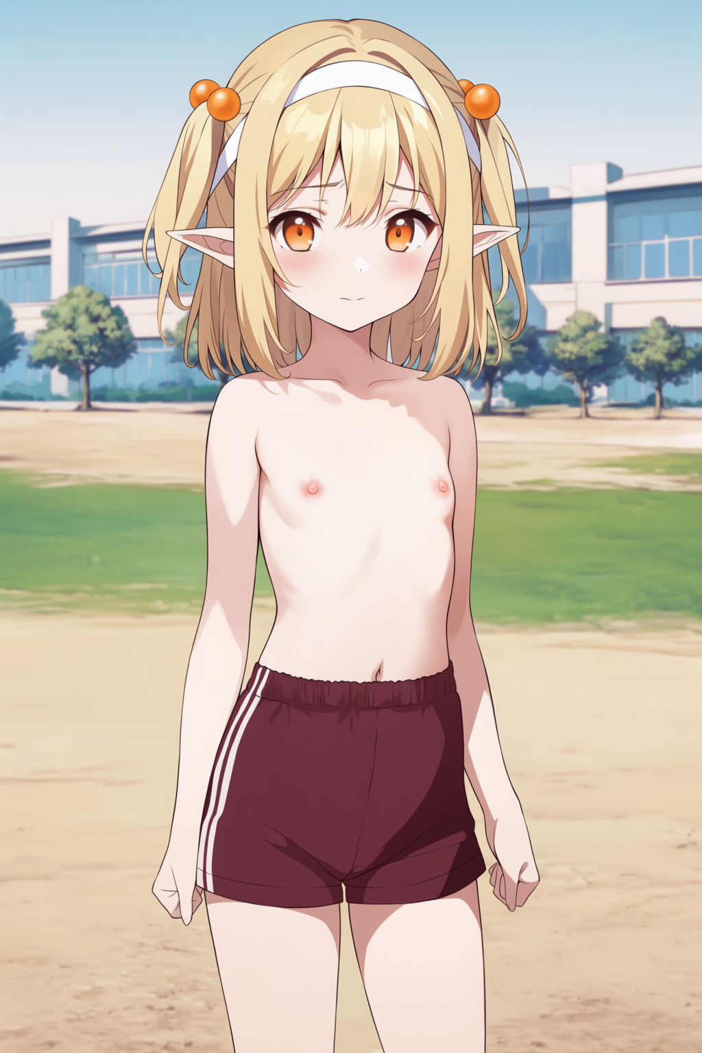 上半身裸+体操着の短パンのエルフさん