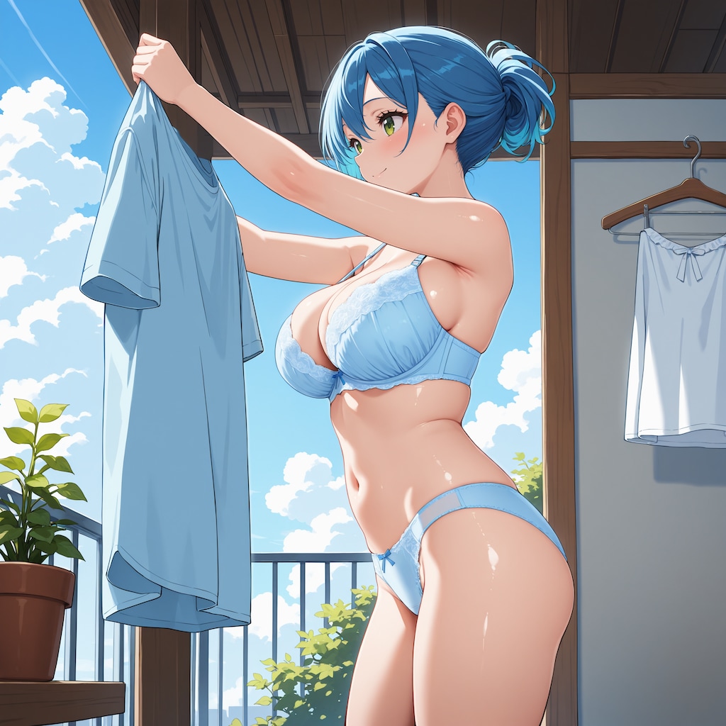 昼過ぎに洗濯物を干す淑女さん