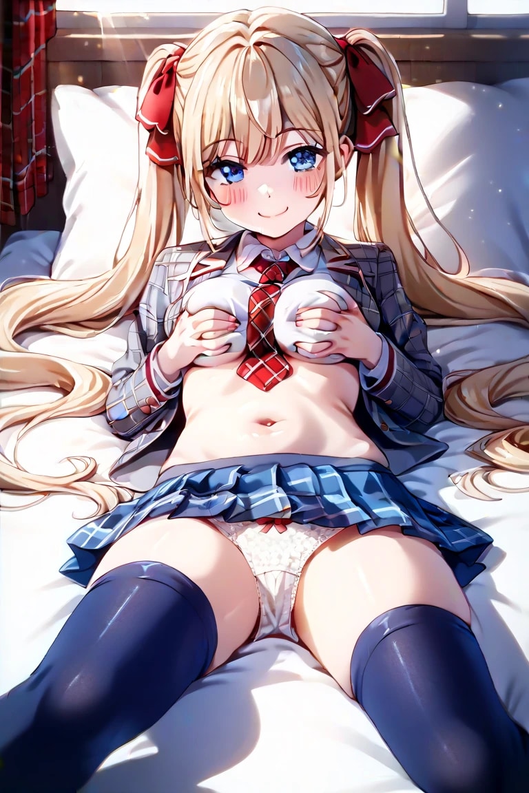 ベッドで胸を自分で揉みながら微笑む金髪ツインテ莉奈♡