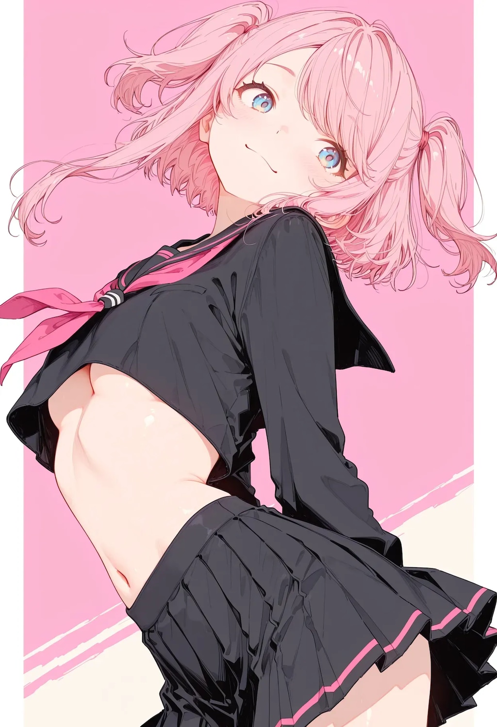 くびれ＆下乳アピールするピンク少女
