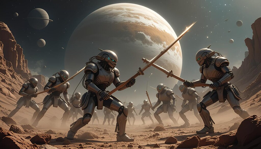 木星で木製武器で戦うアンドロイドロボ