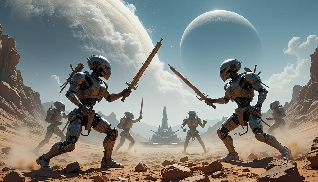 木星で木製武器で戦うアンドロイドロボ