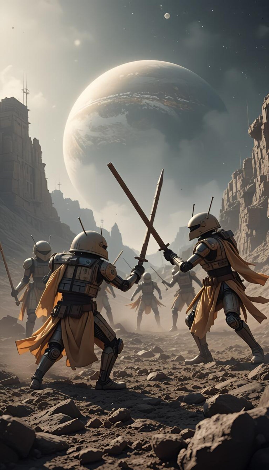 木星で木製武器で戦うアンドロイドロボ