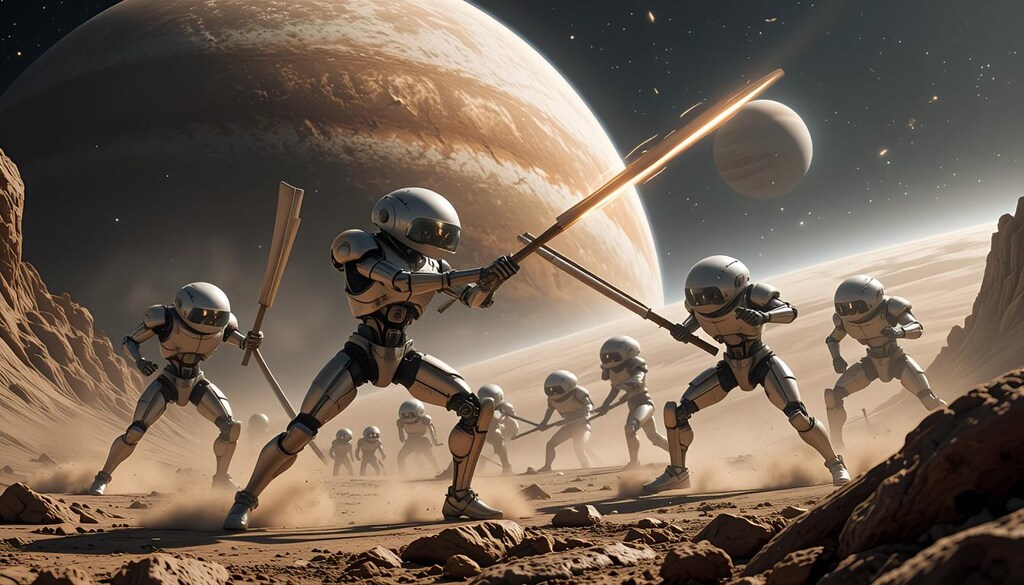 木星で木製武器で戦うアンドロイドロボ