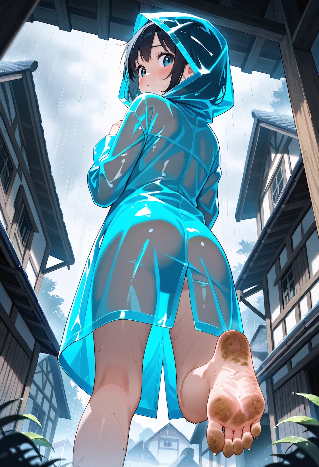 裸レインコートでお散歩足