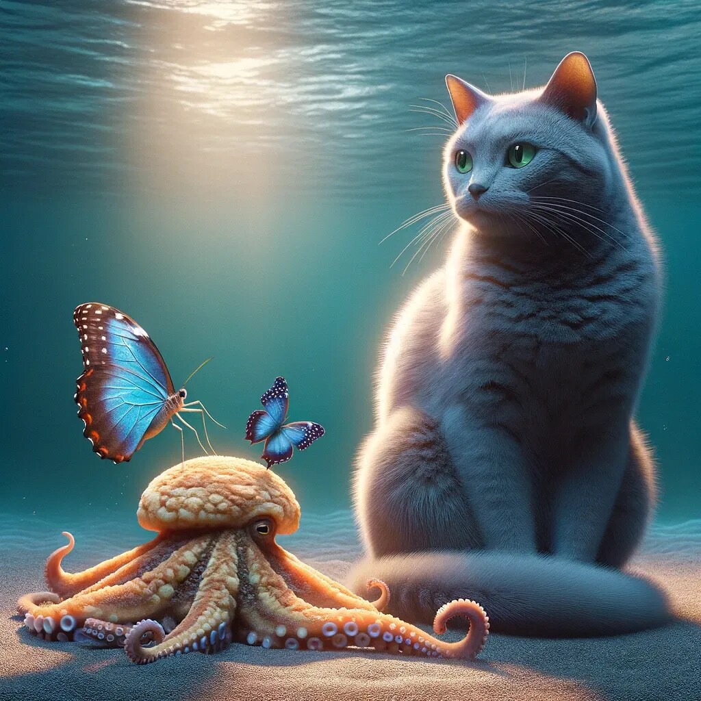 タコと猫と蝶