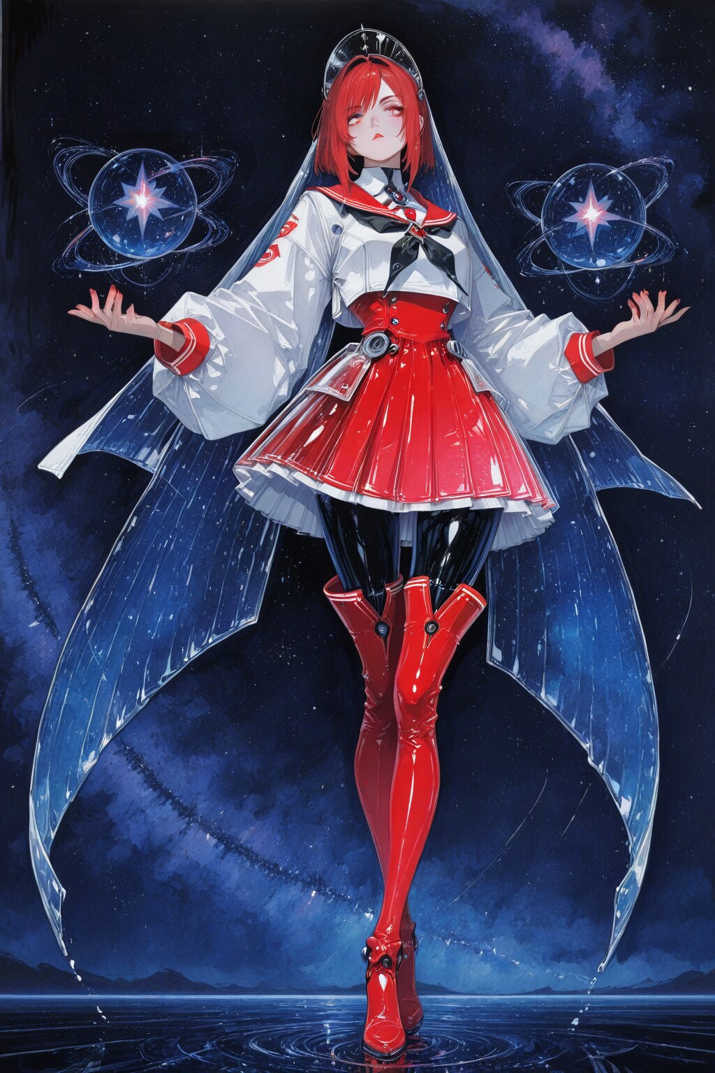 クリムゾンレッドのセーラー服(アクリル画)