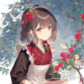 A girl in a red flower print maid 2枚目