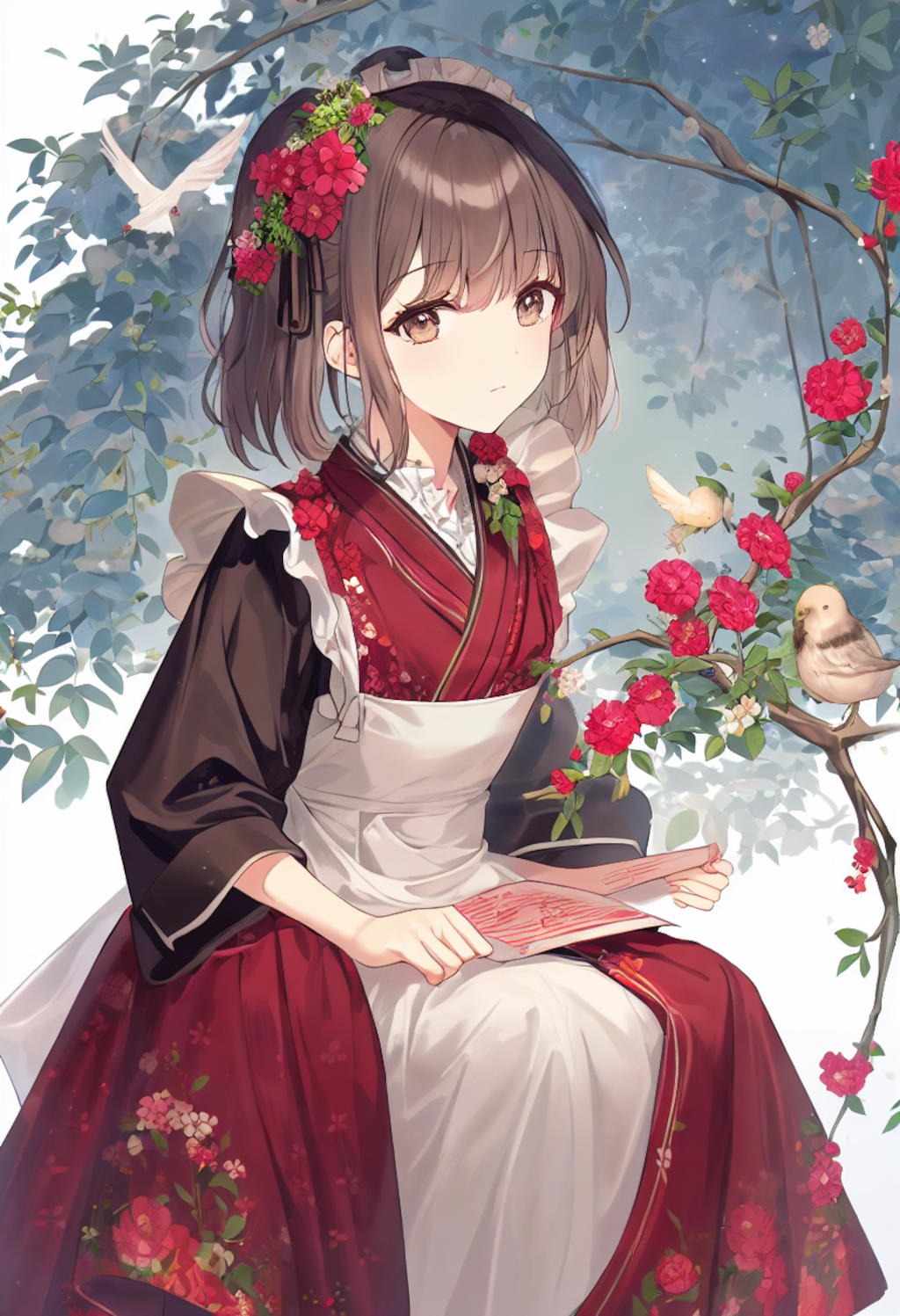 A girl in a red flower print maid