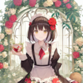 A girl in a red flower print maid 5枚目