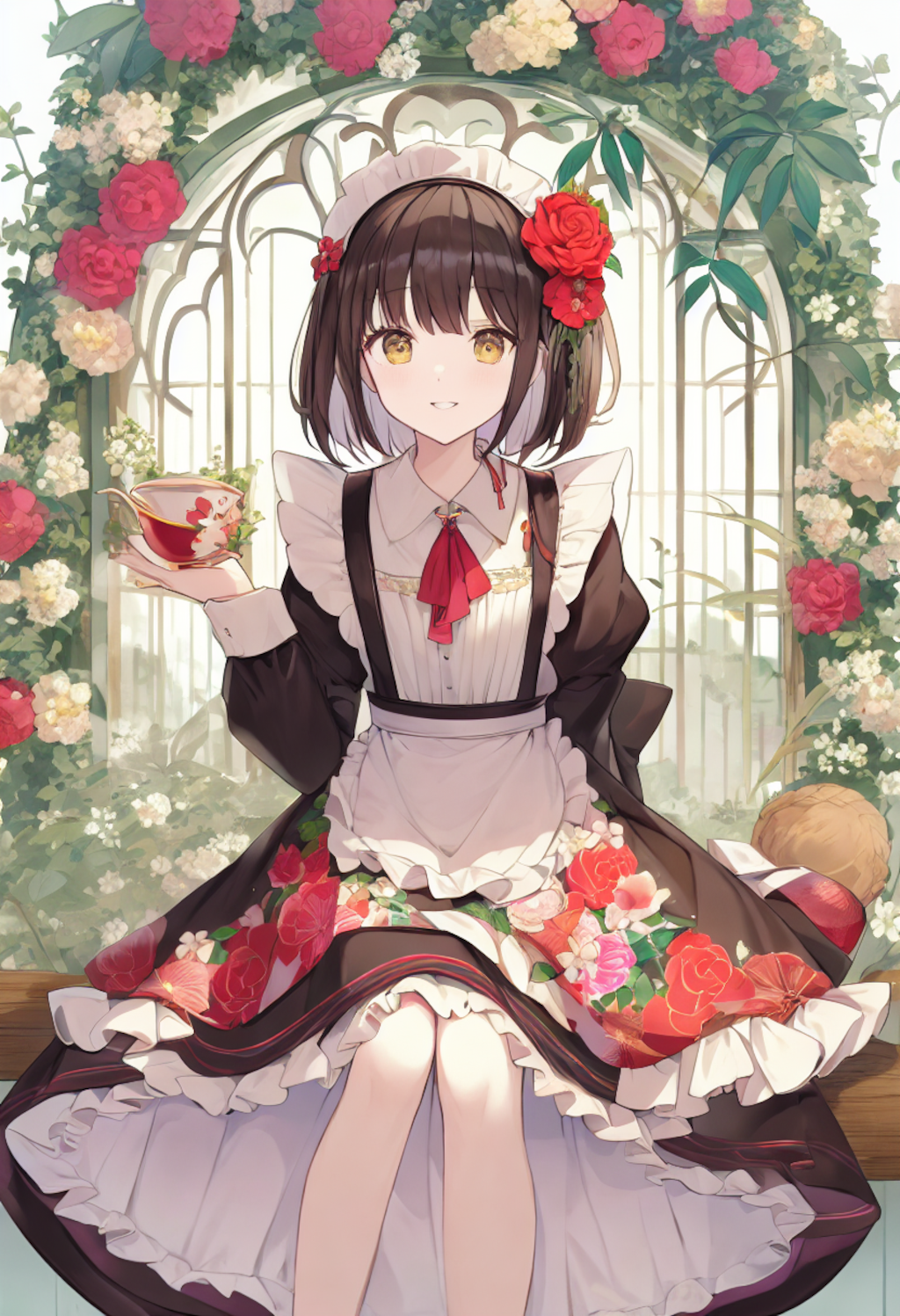 A girl in a red flower print maid