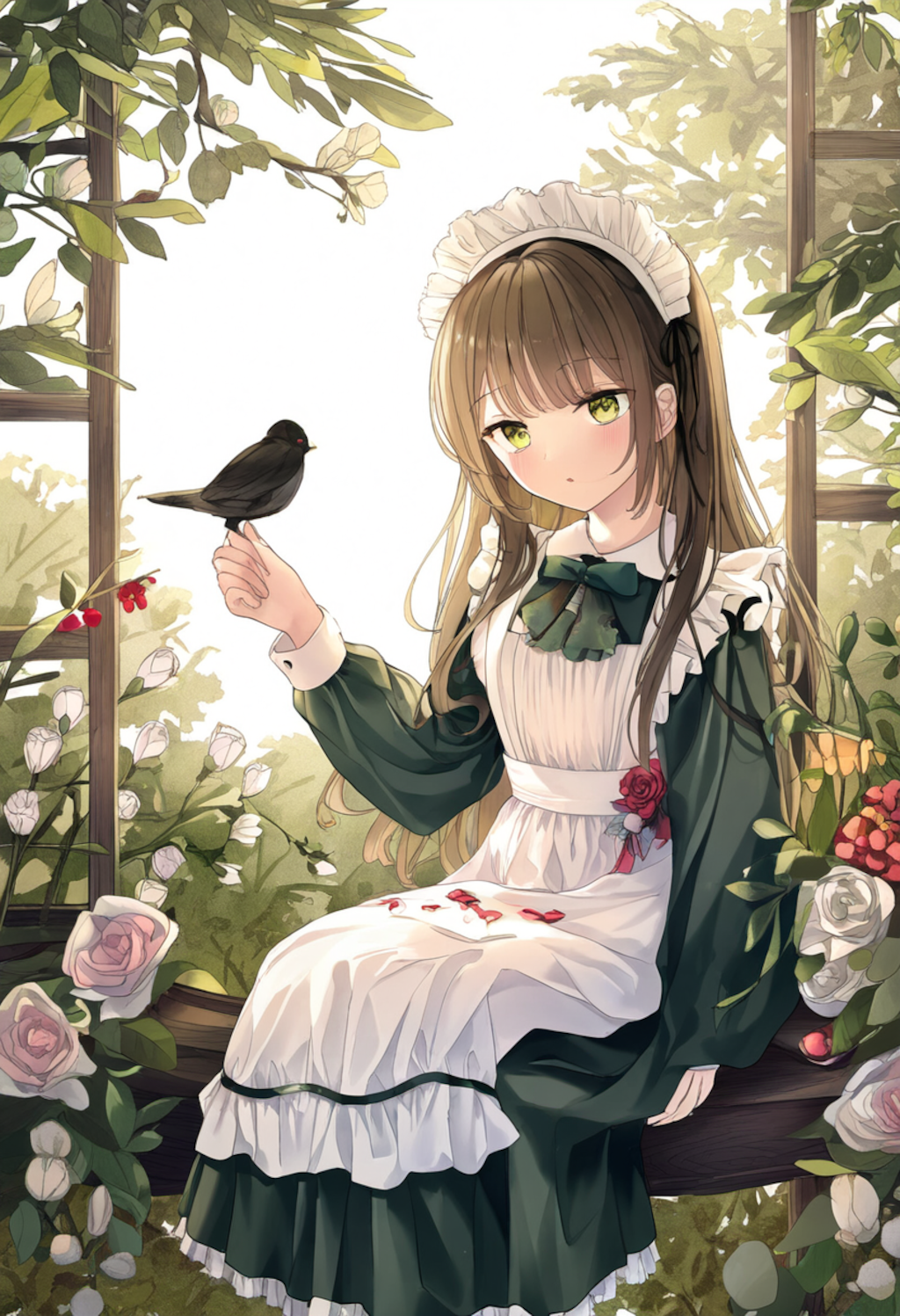 A girl in a red flower print maid