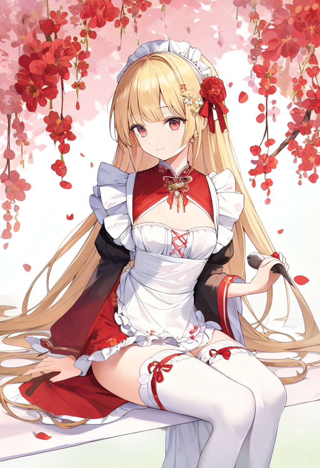 A girl in a red flower print maid