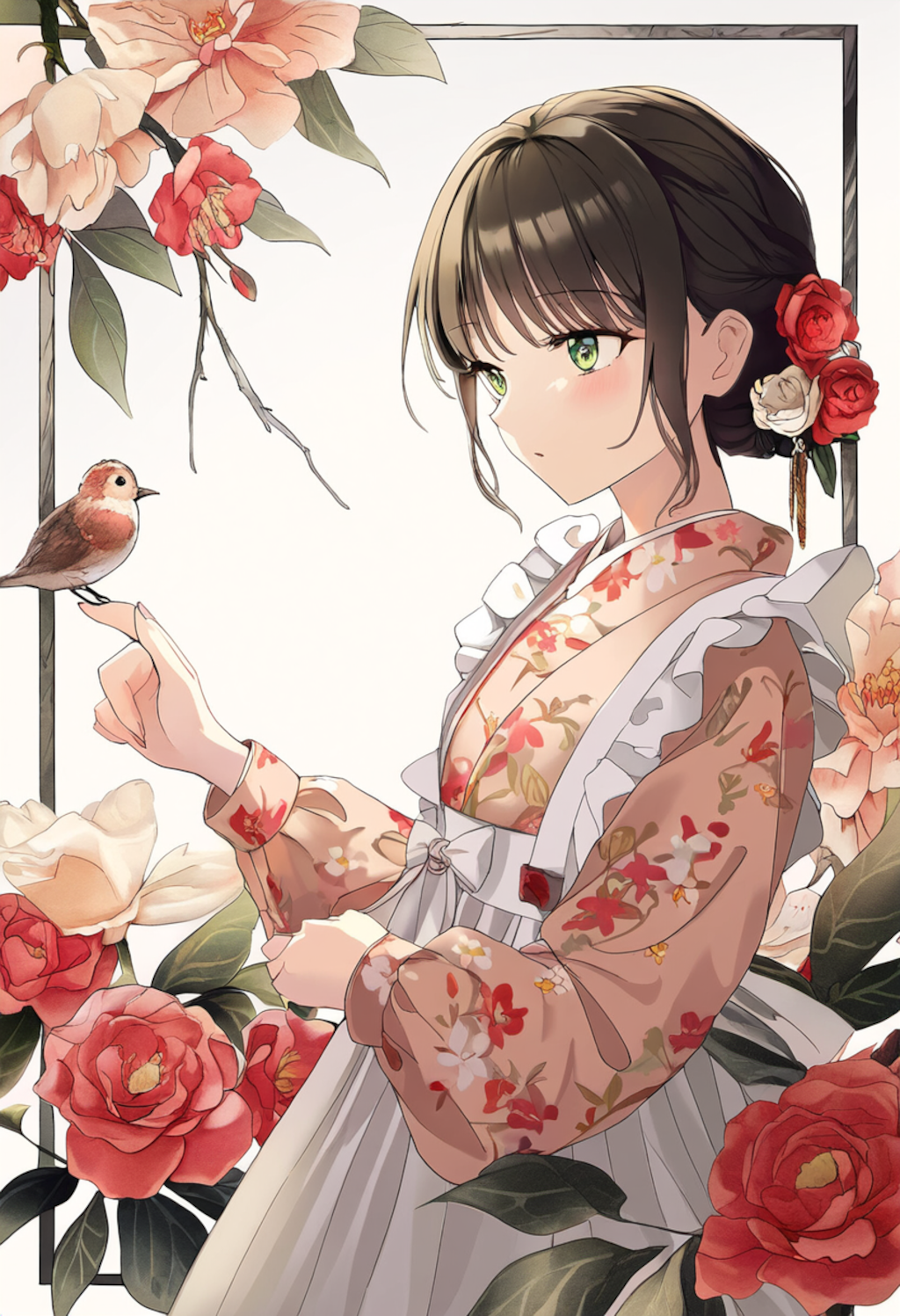 A girl in a red flower print maid