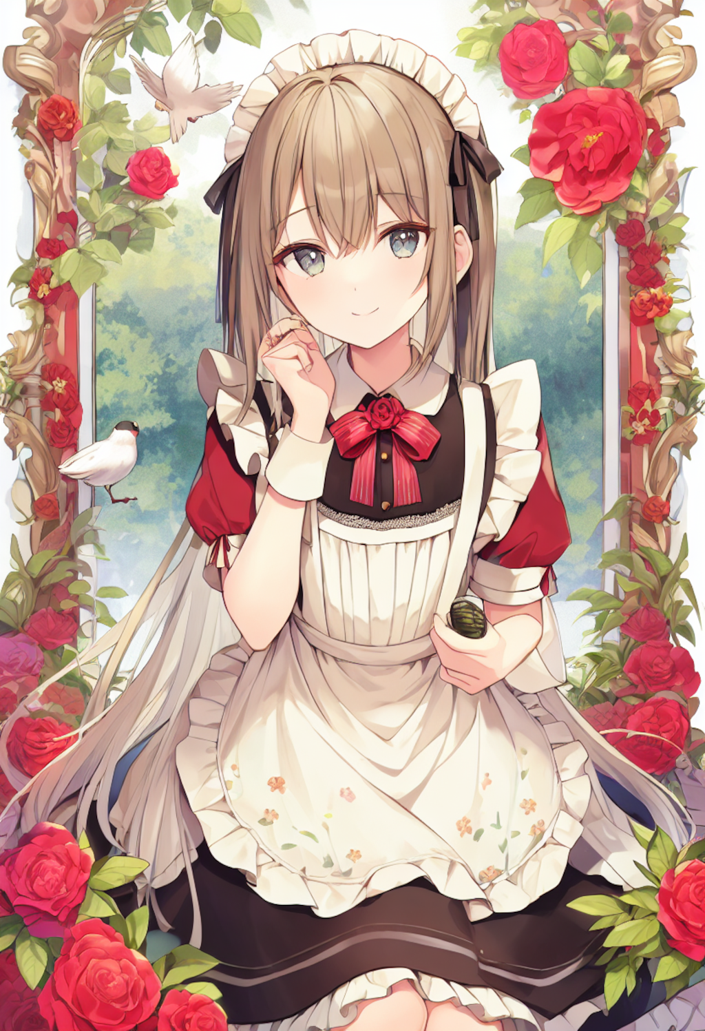 A girl in a red flower print maid