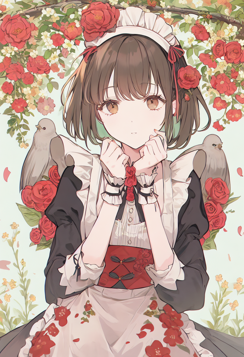 A girl in a red flower print maid