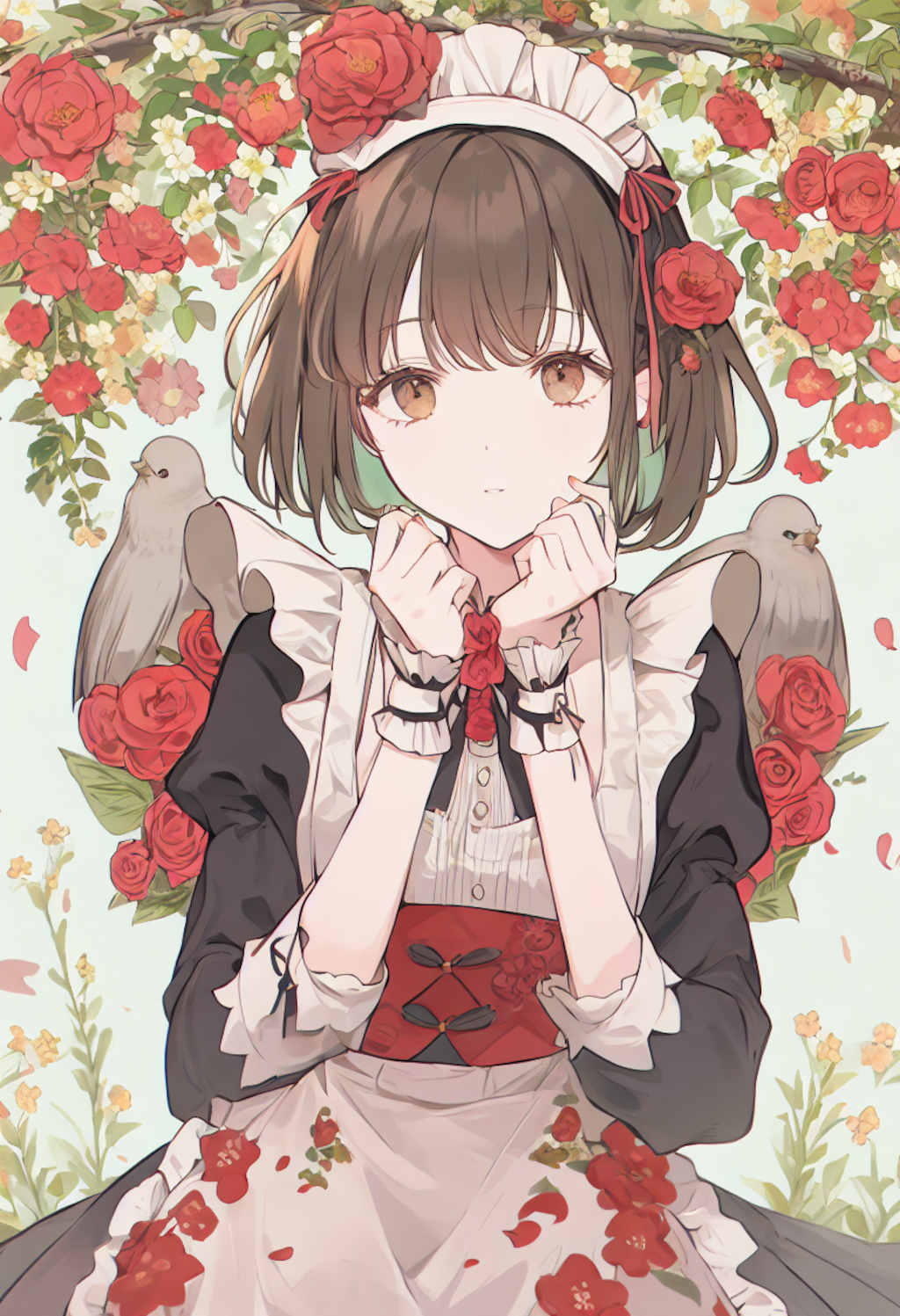 A girl in a red flower print maid