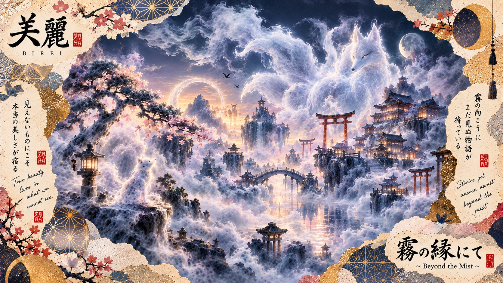 A giant spirit fox watching over a shrine village, swallowed in silver mist.  True beauty lives in w | の人気AIイラスト・グラビア