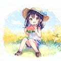 夏休みにスイカ(水彩調) 3枚目
