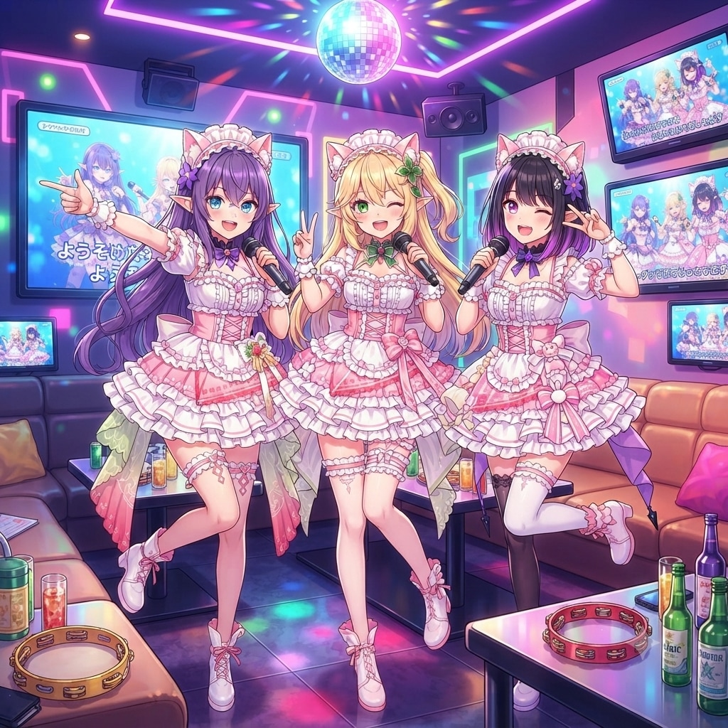 Three girls having fun at karaoke, cosplaying as an idol, an elf, a cat-girl... a kawaii maid café..