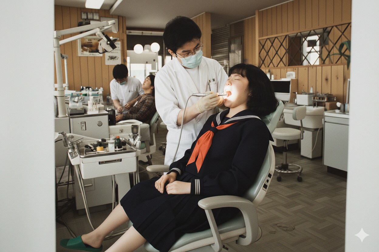 昭和時代のセーラ服の女子高生が虫歯治療を受ける様子