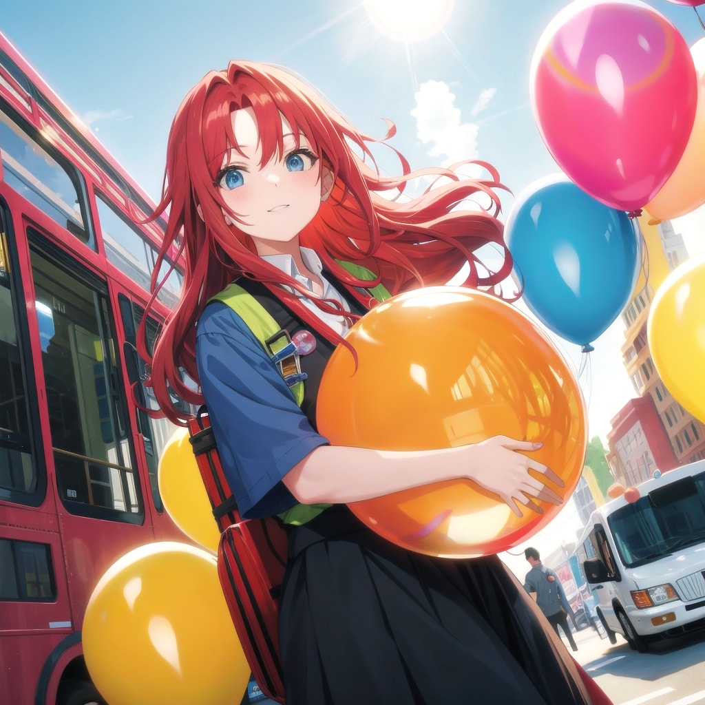 いっぱい色とりどりの風船を持つ赤い髪ロングのバス運転手の美女