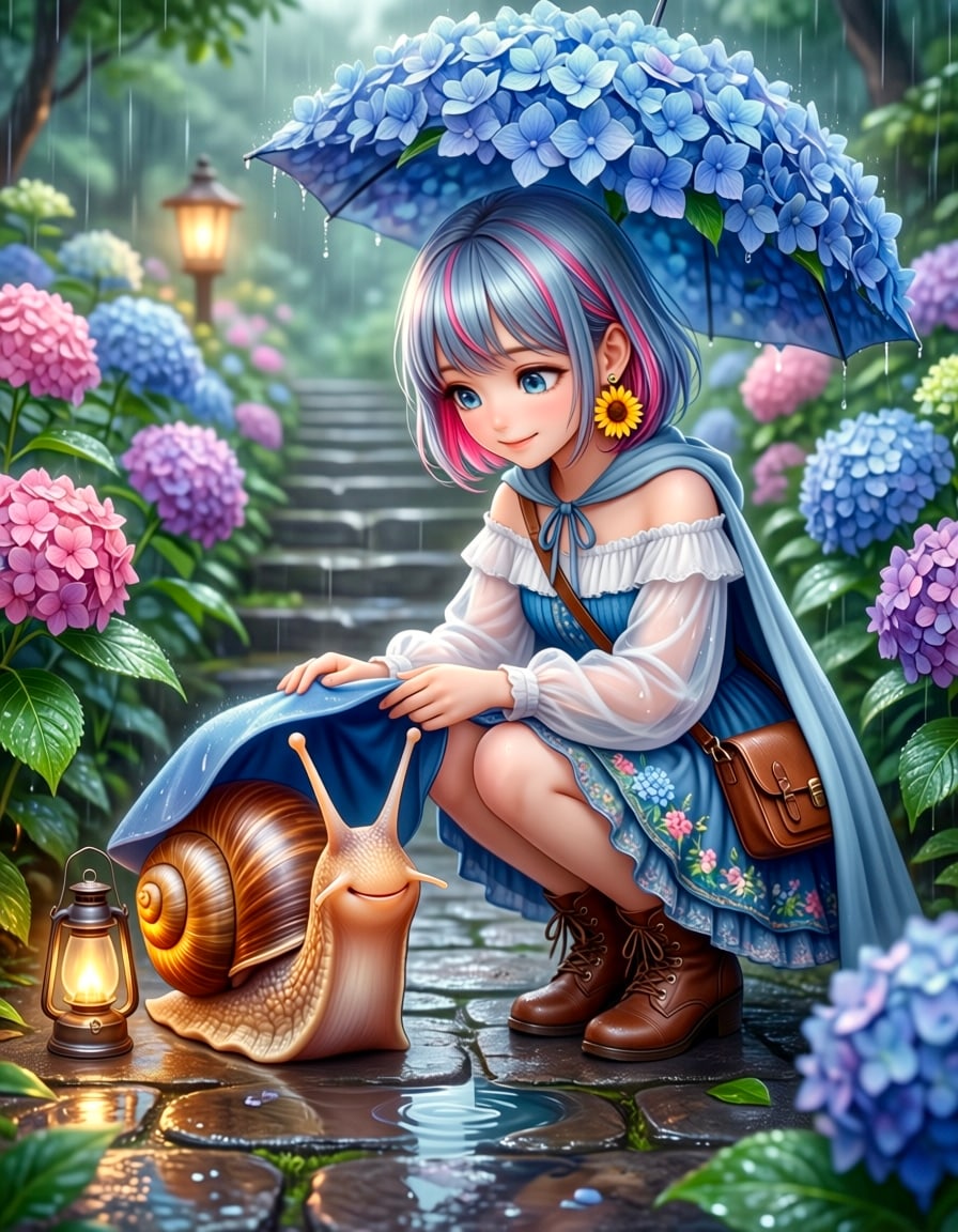 雨宿りする雫ちゃんとカタツムリ君　改