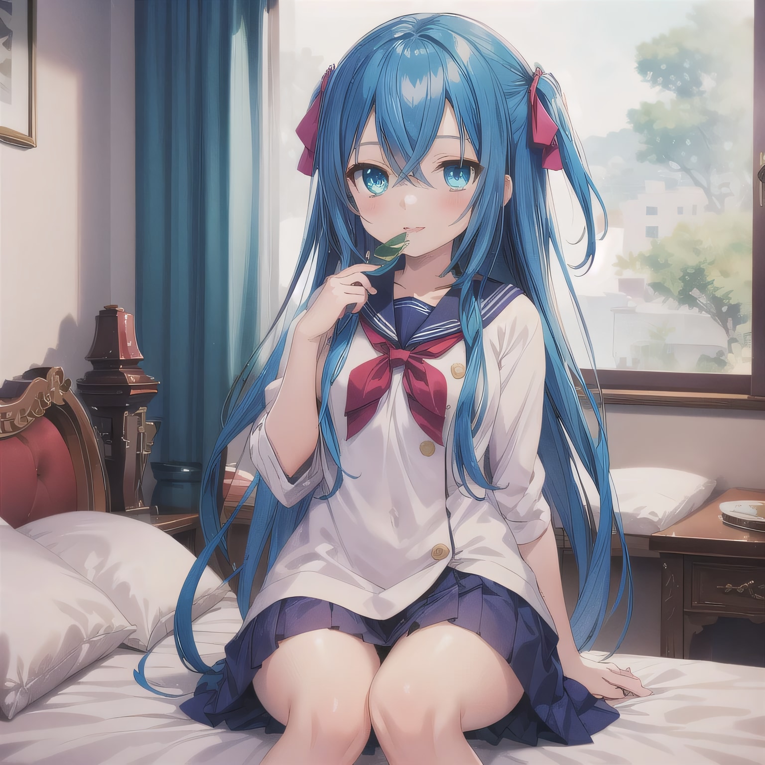 青髪ツインテで寝室の少女 | の人気AIイラスト・グラビア