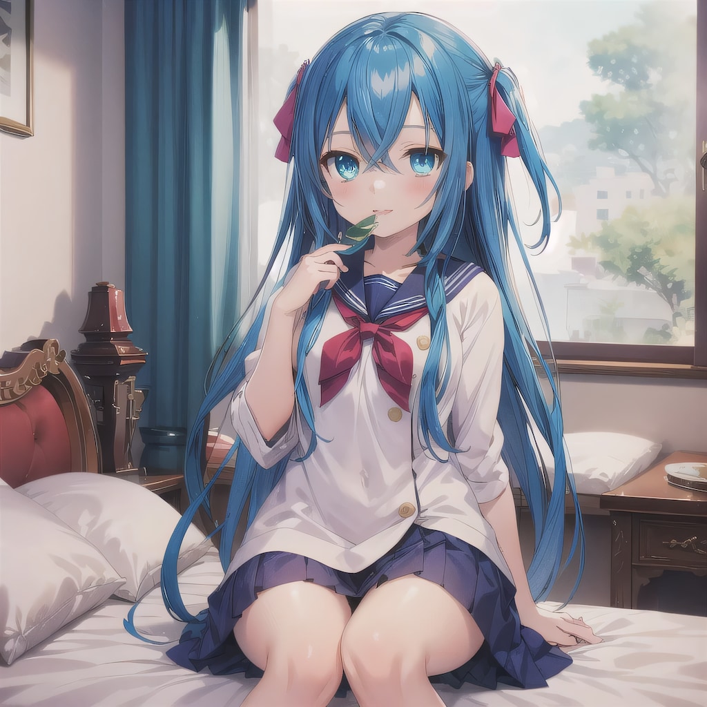 青髪ツインテで寝室の少女