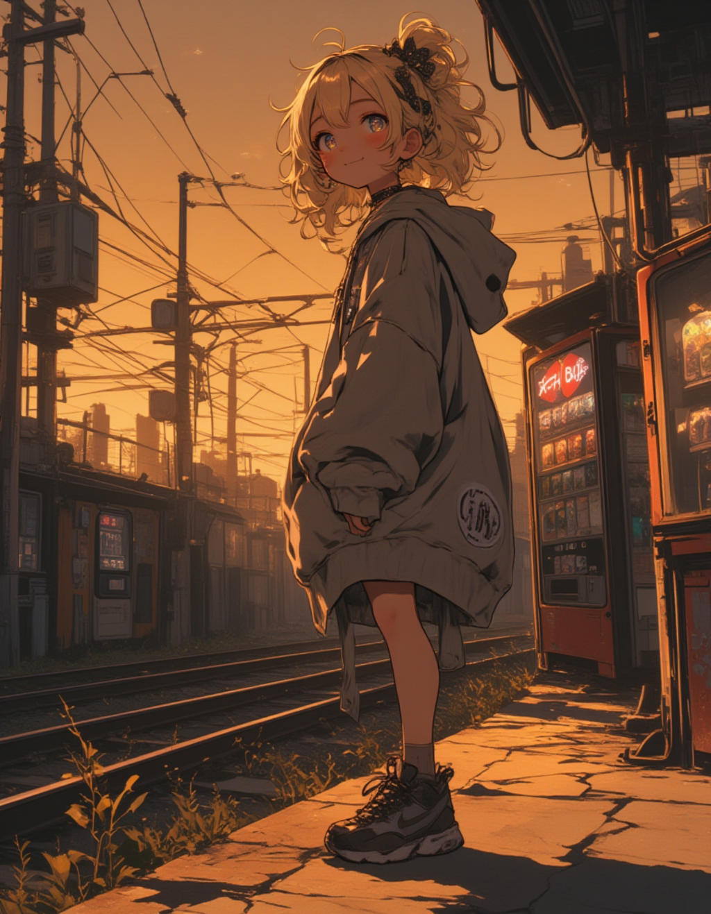 秋の黄昏、忘れられたプラットフォームの少女