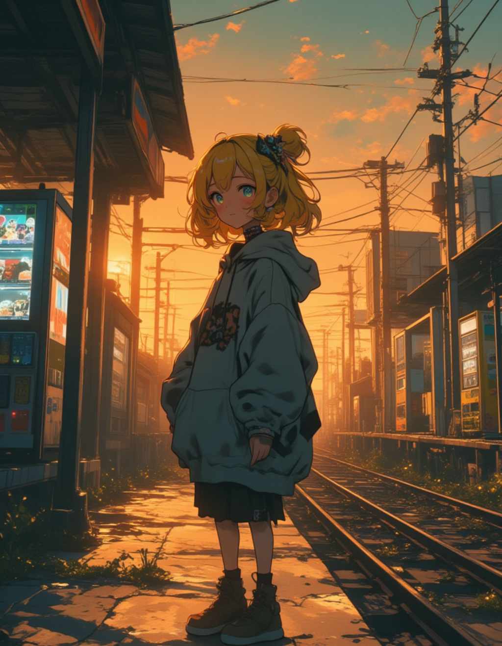 秋の黄昏、忘れられたプラットフォームの少女