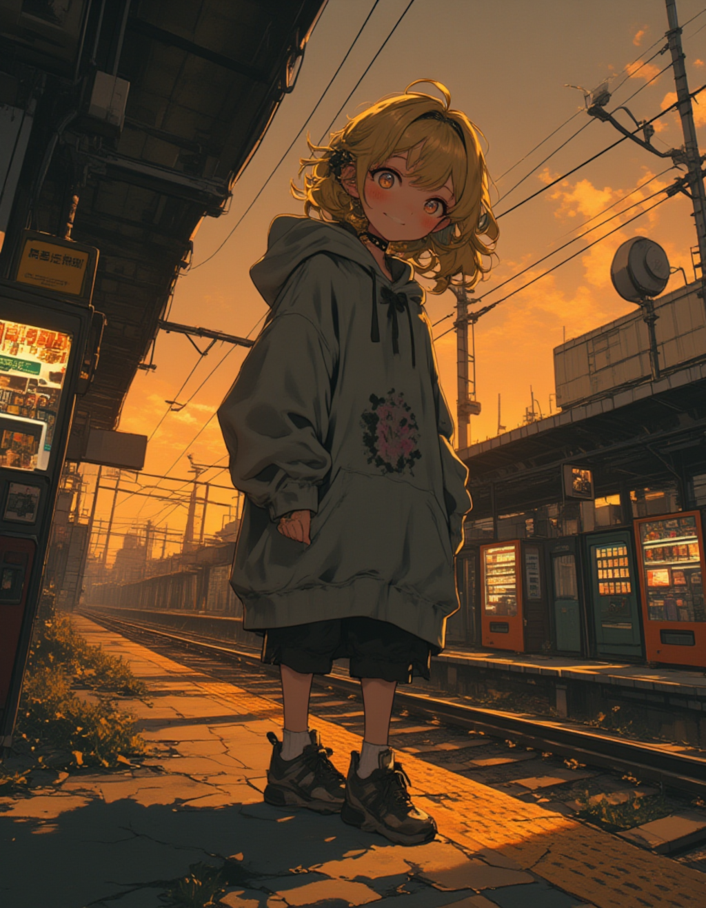 秋の黄昏、忘れられたプラットフォームの少女