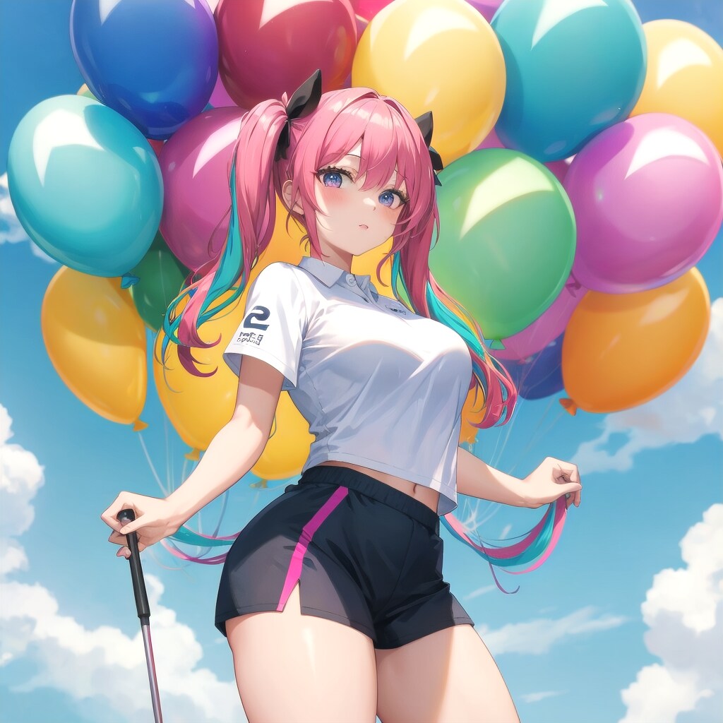いっぱい色とりどりの風船を持つピンク髪ツインテールのゴルフウェア着た美女