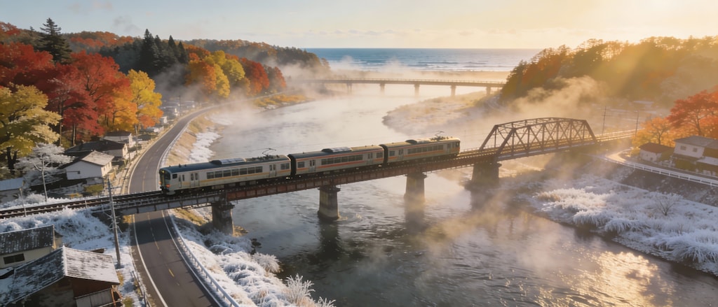 朝靄とローカル線(Seedream4.5)