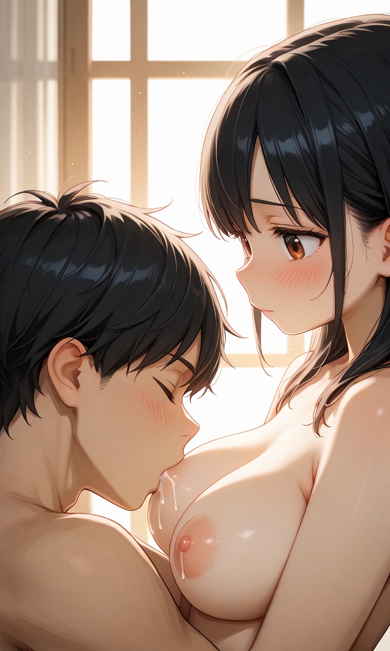 大きな子に授乳する黒髪さん。
