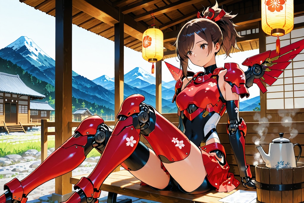 峠の茶店で休憩するメカ娘