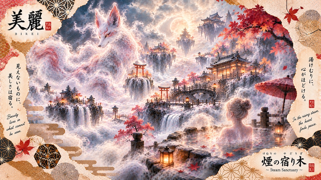 A great fox spirit made of steam watching over a hidden hot spring beneath a rising moon.  Beauty li