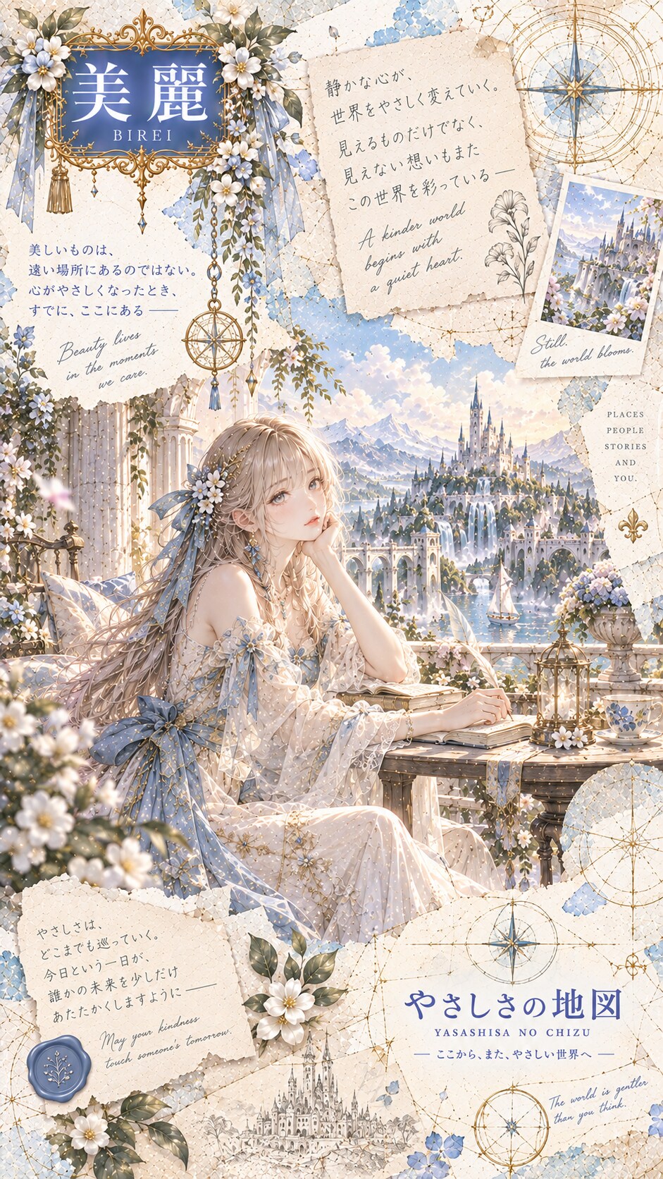 Map of Kindness — Toward a Gentler World  A kinder world begins with a quiet heart.  Sitting by an o | の人気AIイラスト・グラビア