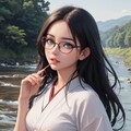 河原でBBQする黒髪少女 4枚目