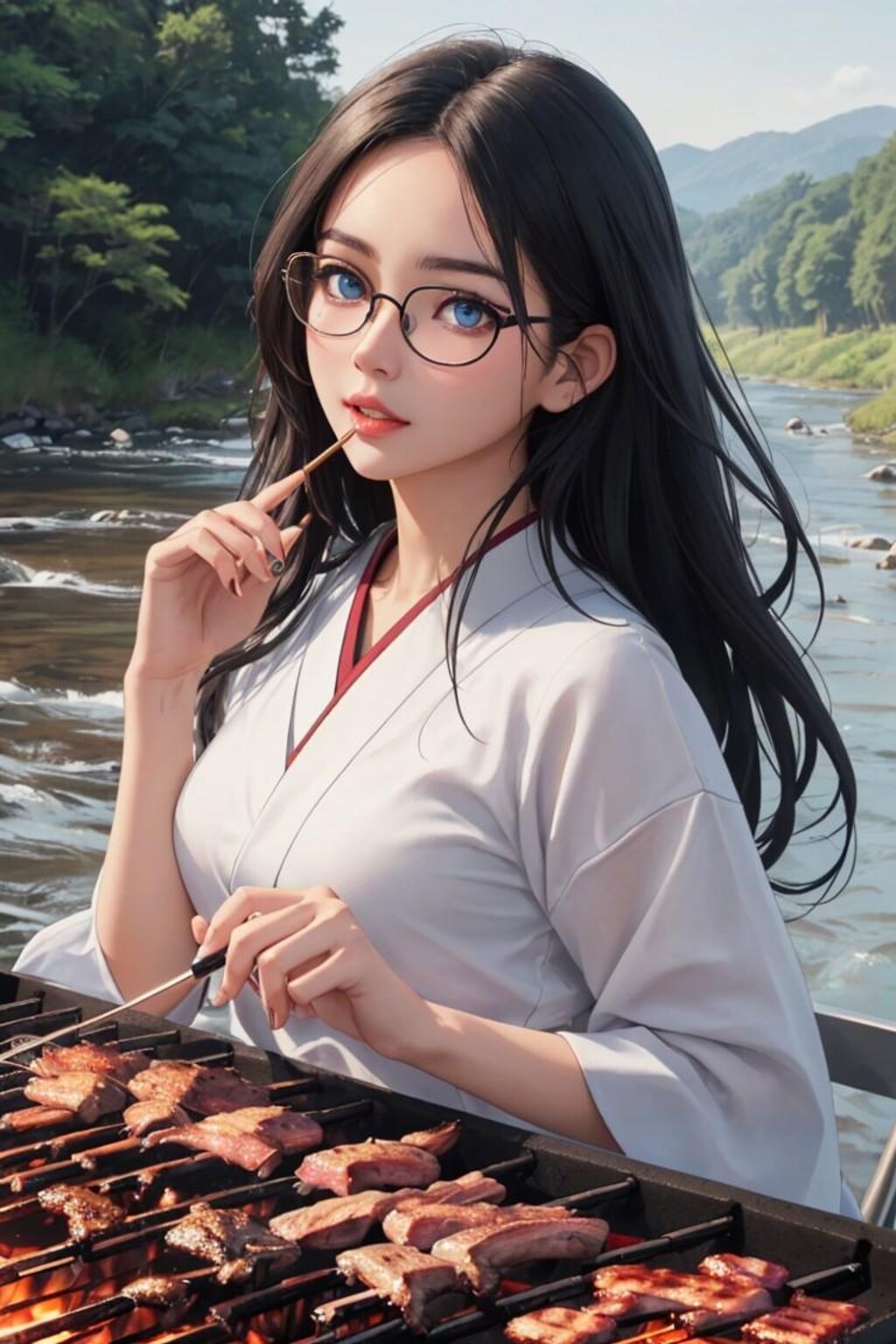 河原でBBQする黒髪少女