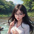 河原でBBQする黒髪少女 3枚目