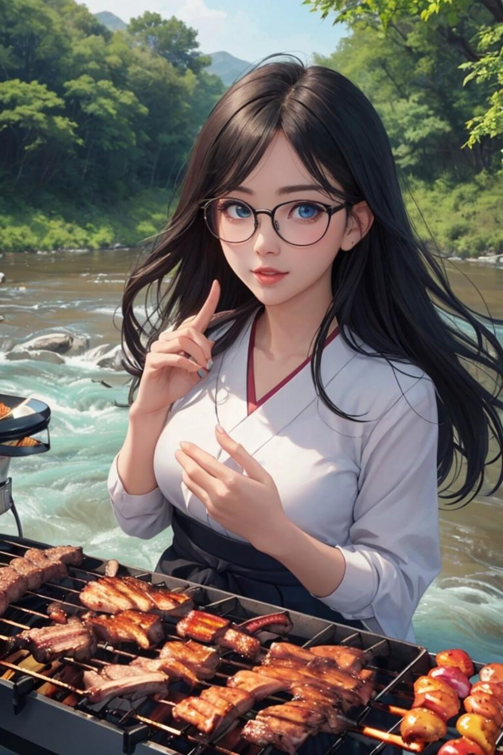 河原でBBQする黒髪少女