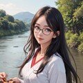 河原でBBQする黒髪少女 6枚目