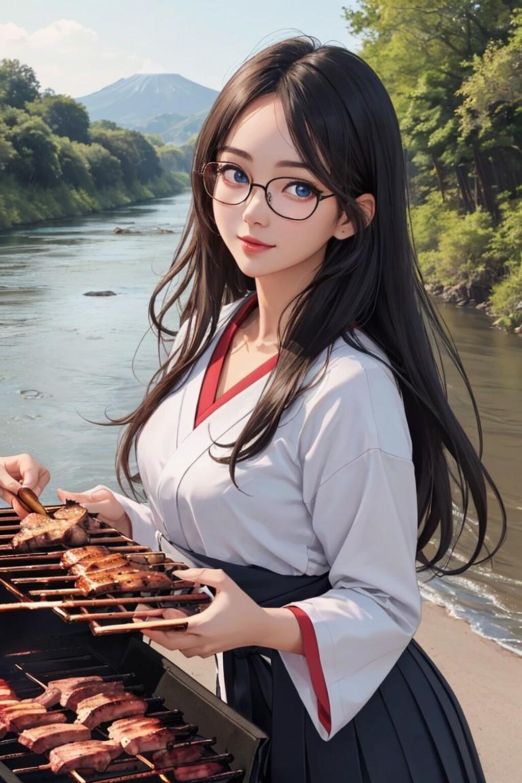 河原でBBQする黒髪少女
