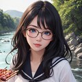河原でBBQする黒髪少女 5枚目